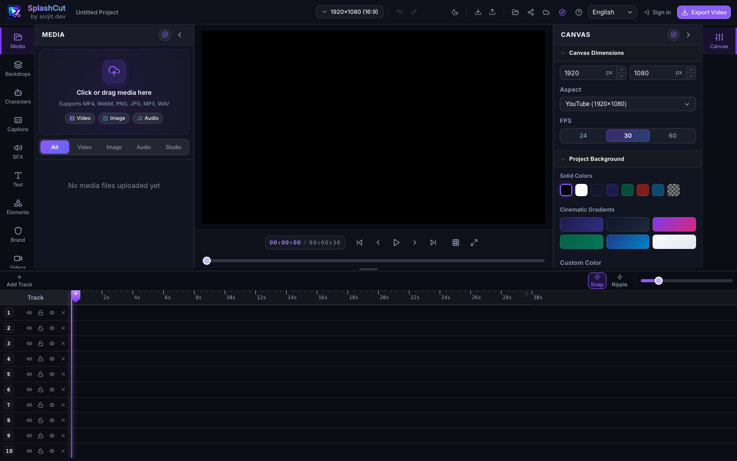 The SplashCut editor: media library, canvas preview, inspector and a ten-track timeline